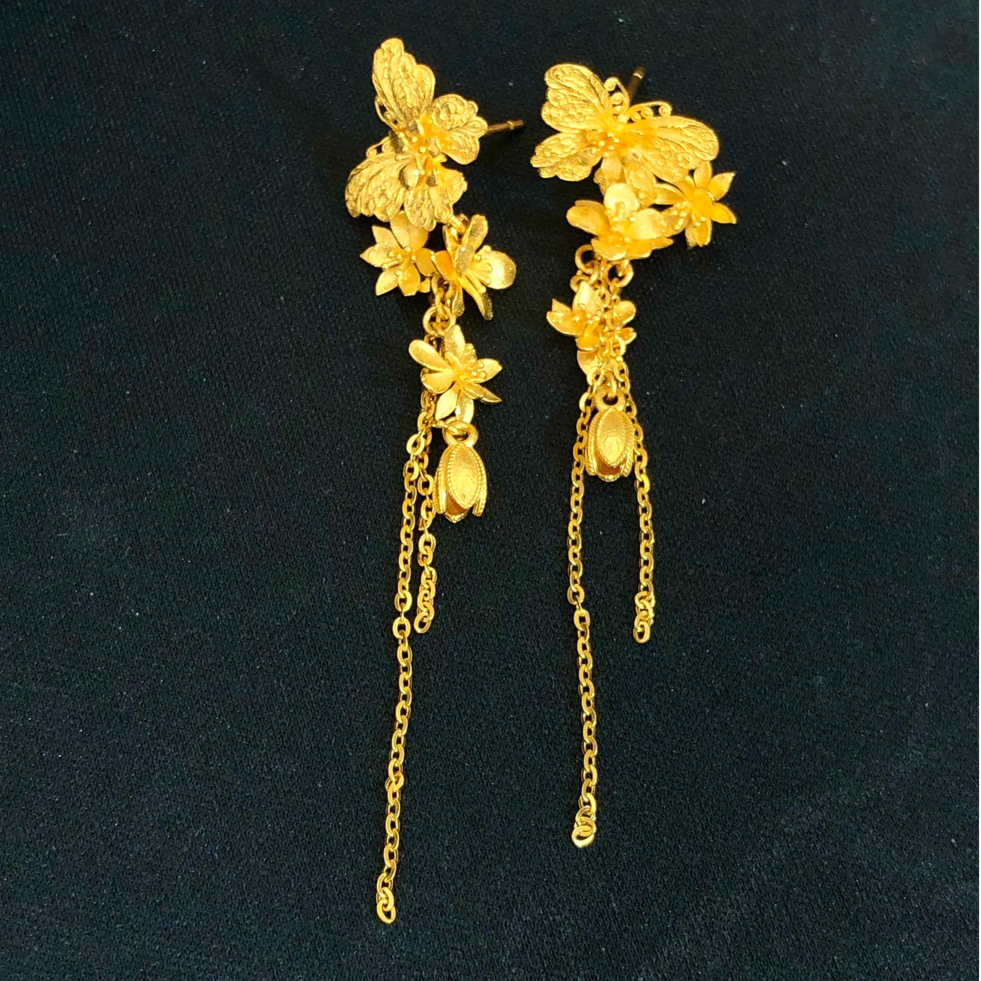 凤喆古法工艺设计师款足金繁花蝴蝶流苏耳钉（一对）时尚精美