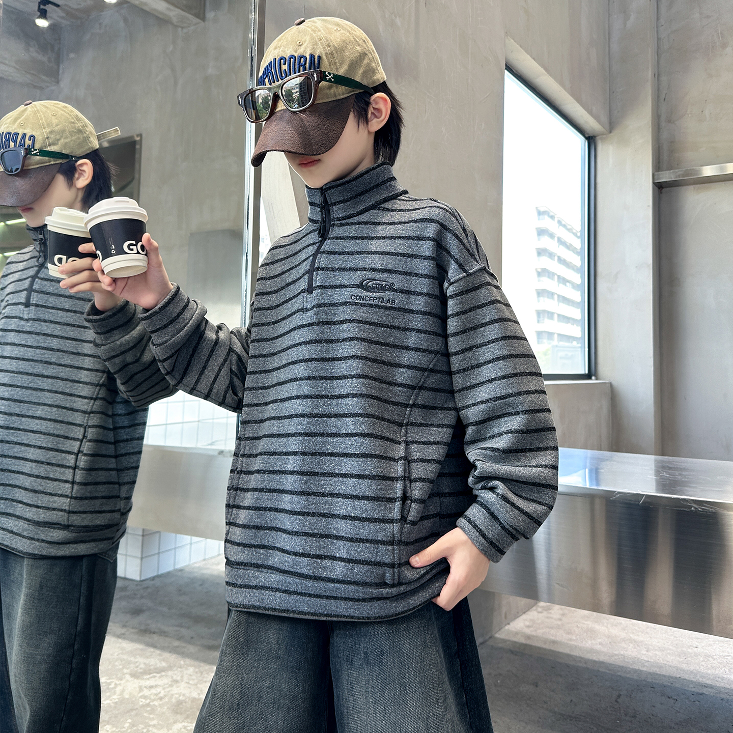 潮酷痞帅童装男童秋冬款半开领加绒卫衣2025新款儿童秋冬装衣服