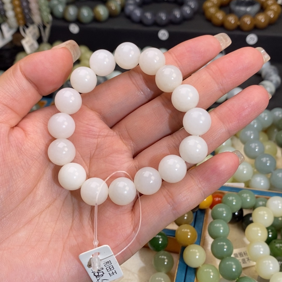 和田玉手链 12MM未镶嵌白玉