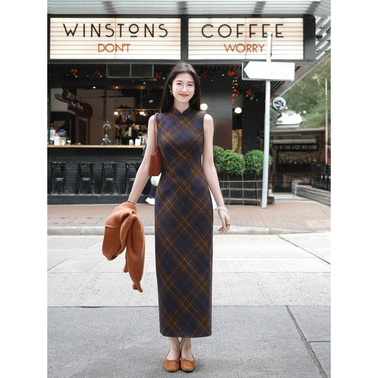 凌茜恣禾【烟岚】国风新中式藏蓝羊毛格纹连衣裙女气质复古改良旗袍