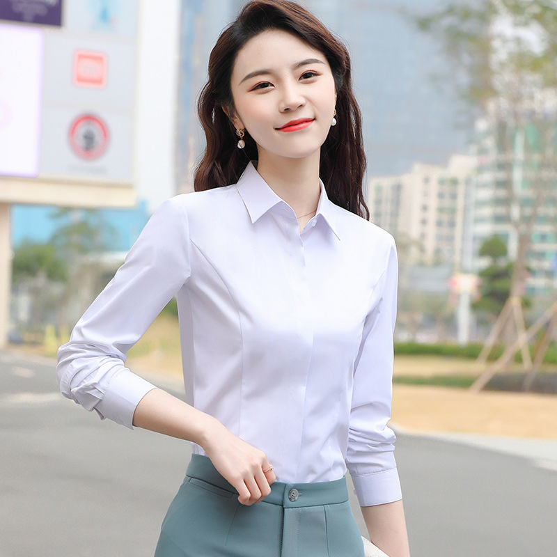 白色衬衫女长袖上衣职业面试正装春秋季时尚百搭翻领棉衬衣工作服