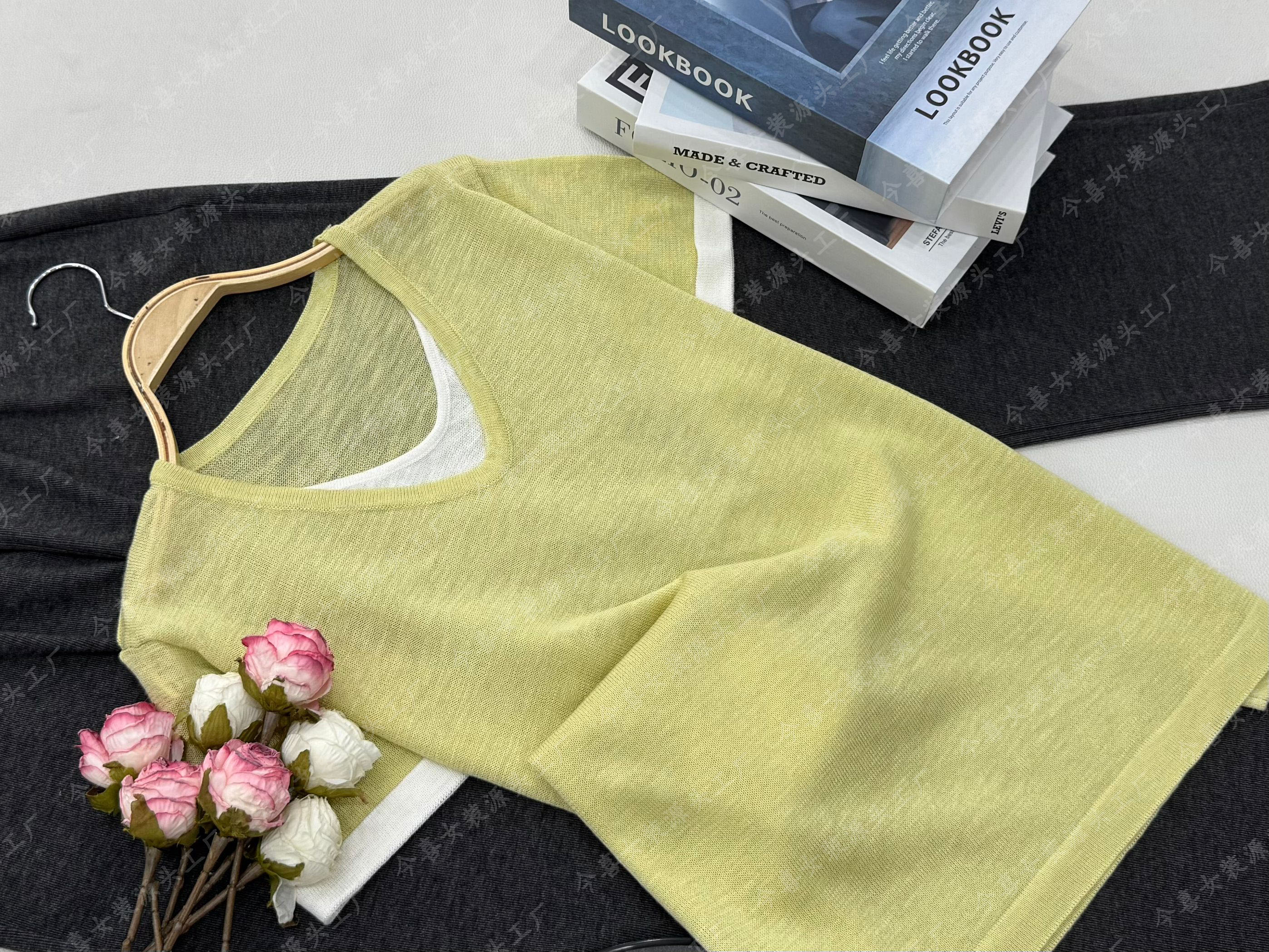 【黄绿色假两件】新款时尚短袖套头针织上衣QC3502