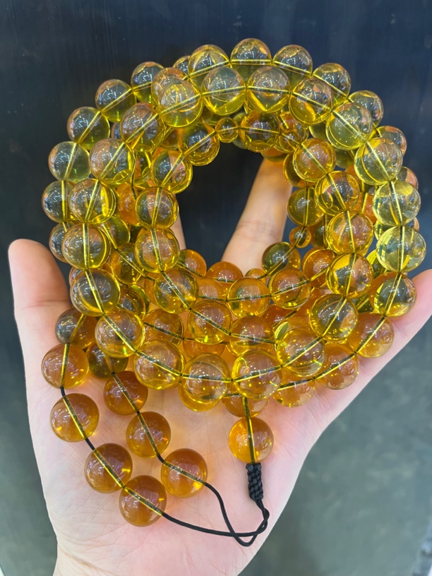缅甸琥珀净水蓝珀108佛珠链，13-14m，175.3g，天然原矿保真
