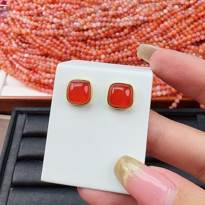南红玛瑙方形大号耳钉银S925镶嵌