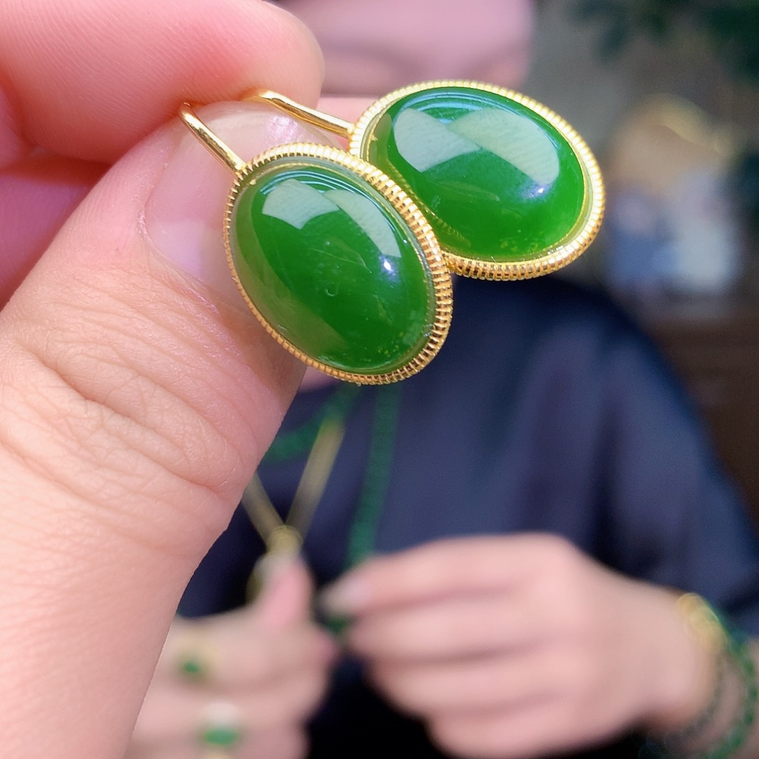 吊坠(不含链)银S925镶嵌和田玉（碧玉）耳钉