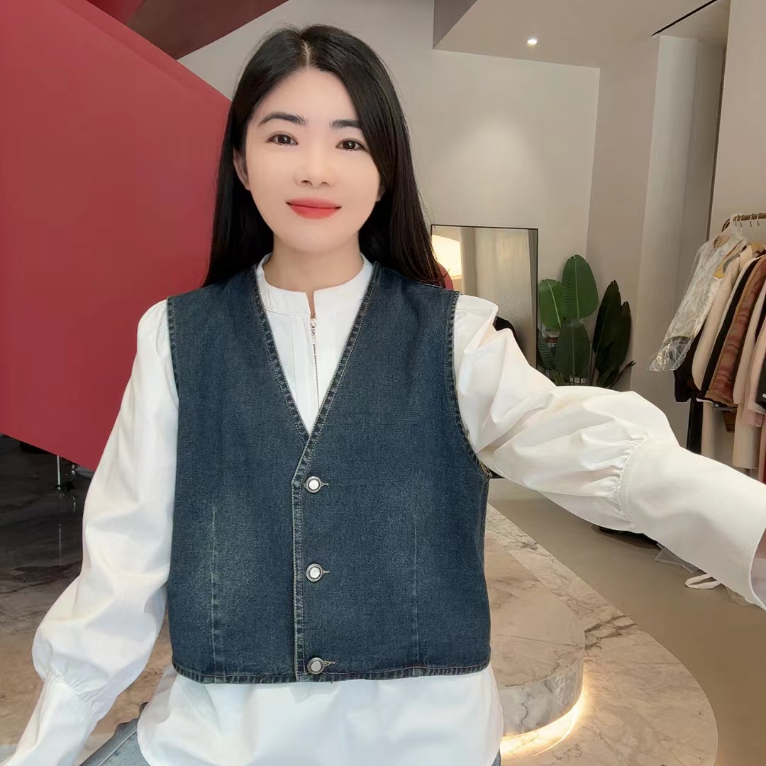 QC 252542 春新款复古老钱风V领牛仔马甲无袖坎肩