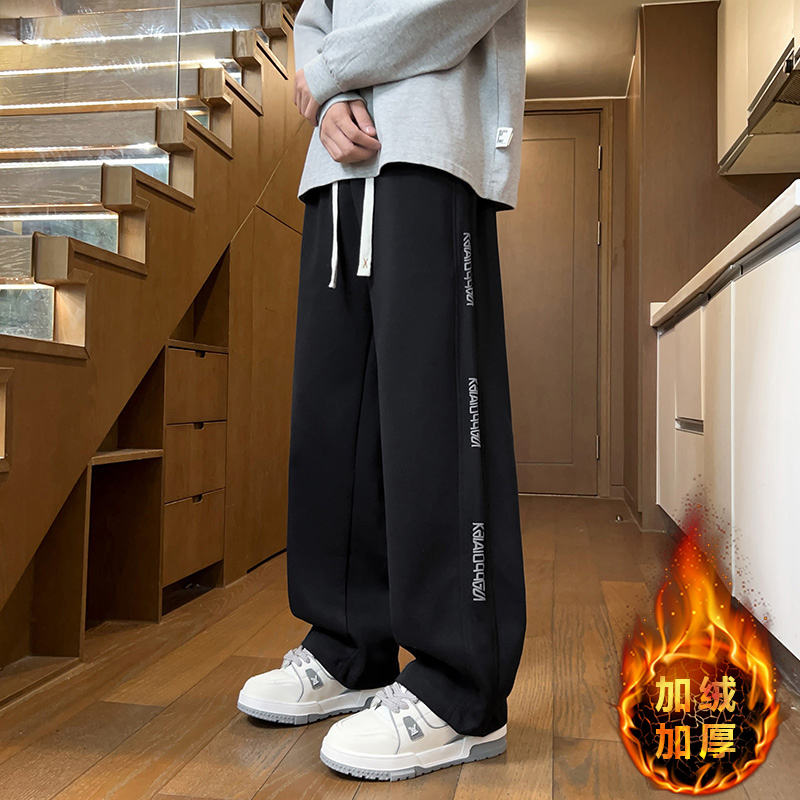 冬季新款加绒加厚休闲青少年卫裤潮流宽松学生阔腿裤男帅气直筒裤