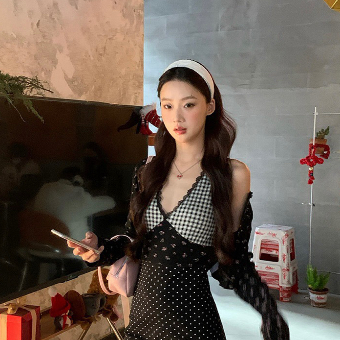 格子拼接波点裙新款小碎花短裙纯欲辣妹显瘦裙子连衣裙