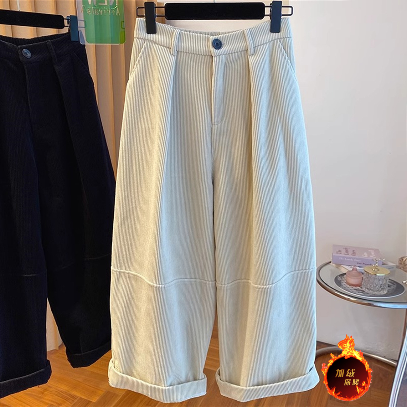 韩系加绒灯芯绒裤子女秋冬2025新款宽松百搭阔腿裤气球裤九分裤子