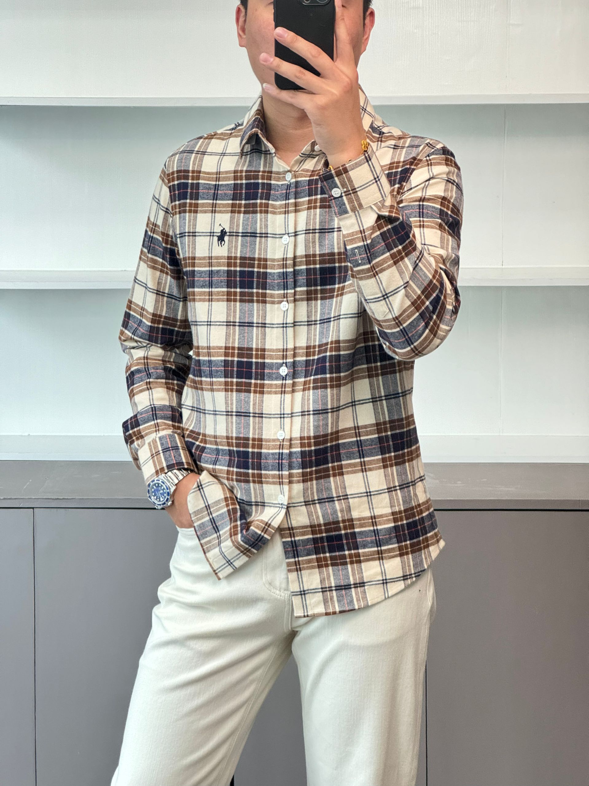 早秋纯棉（拉夫家）修身抗皱免烫弹力休闲格子刺绣时尚百搭长袖衬衫