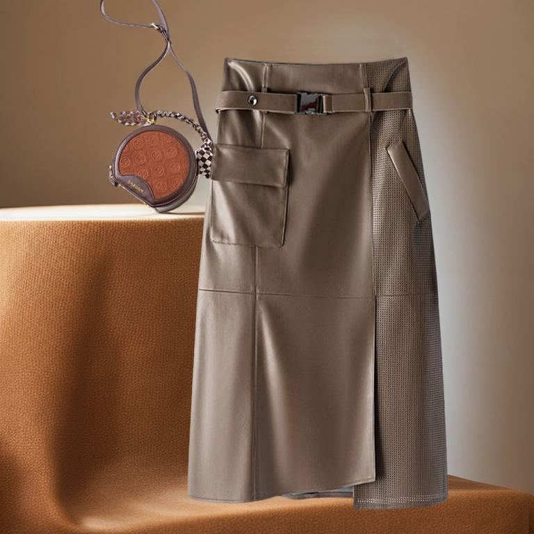 海宁真皮皮裙女包臀裙开叉高腰长裙子 MYM-888#