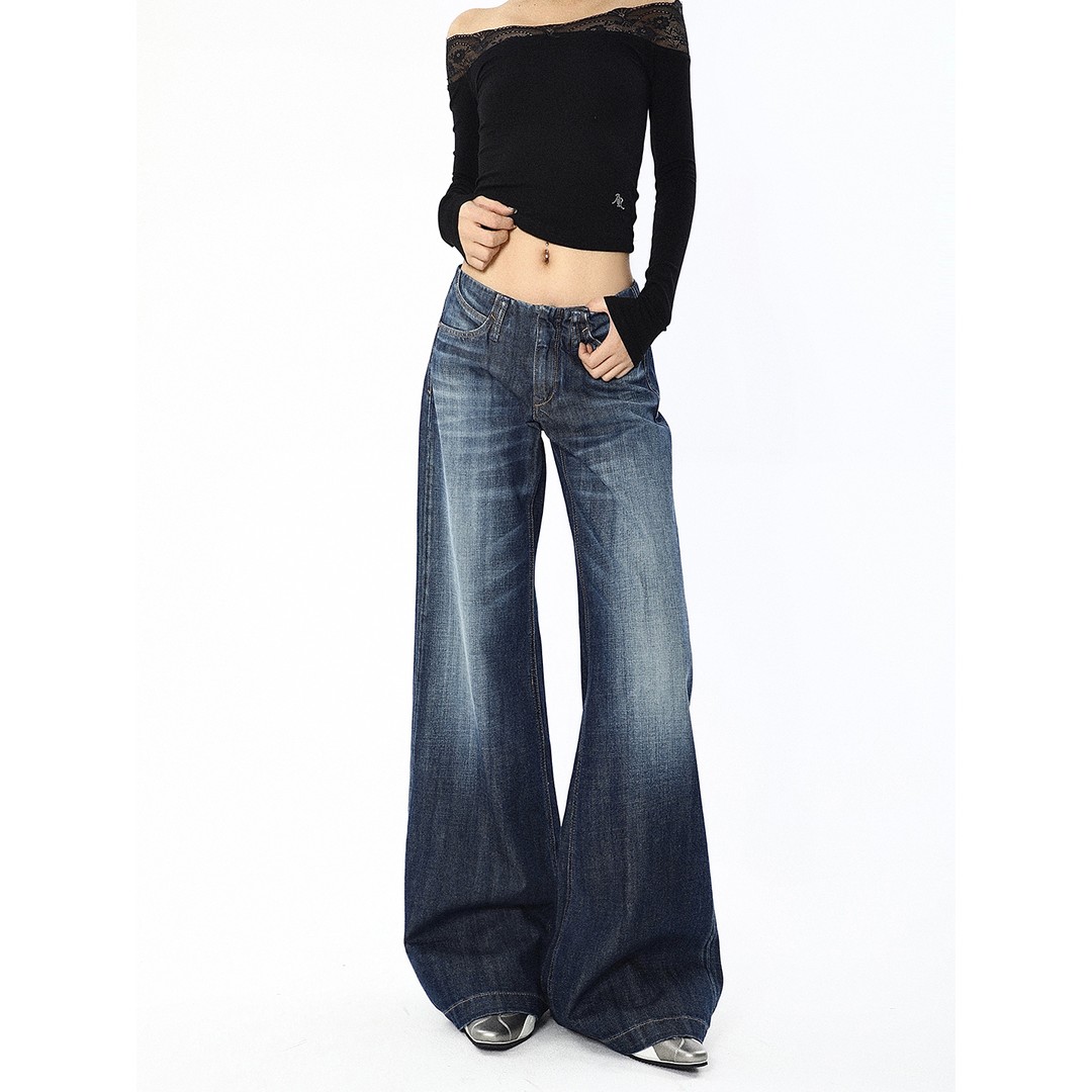 猫须无腰头设计低腰直筒牛仔裤女美式复古宽松直筒阔腿拖地裤子潮