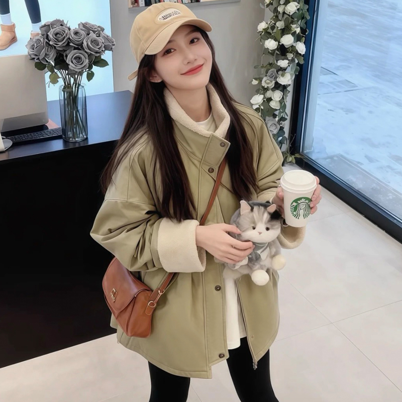 【25173】中长款加绒加厚派克服休闲宽松保暖外套女