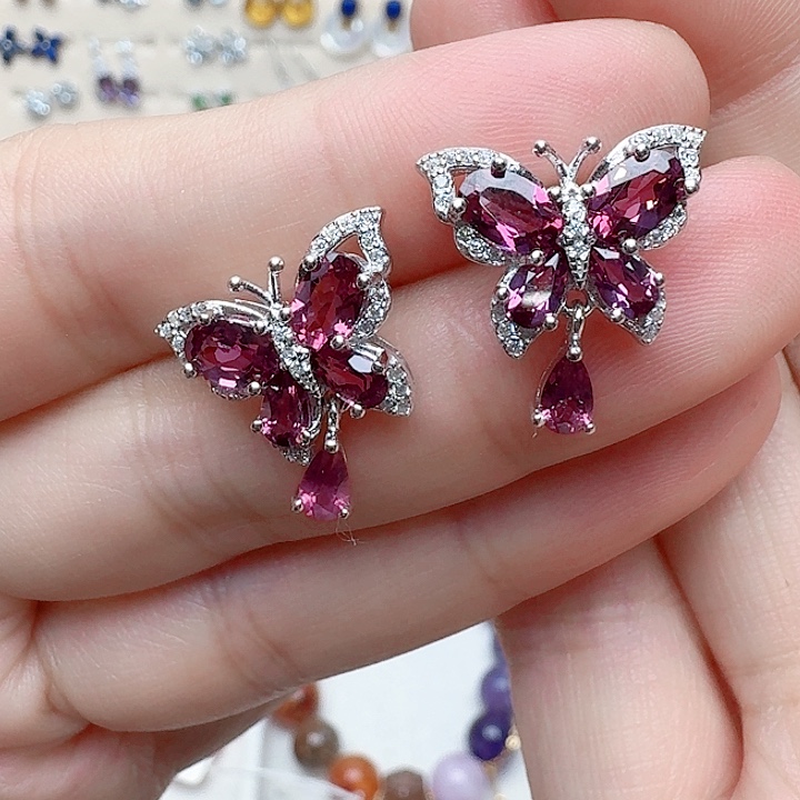 石榴石耳饰银S925镶嵌耳钉