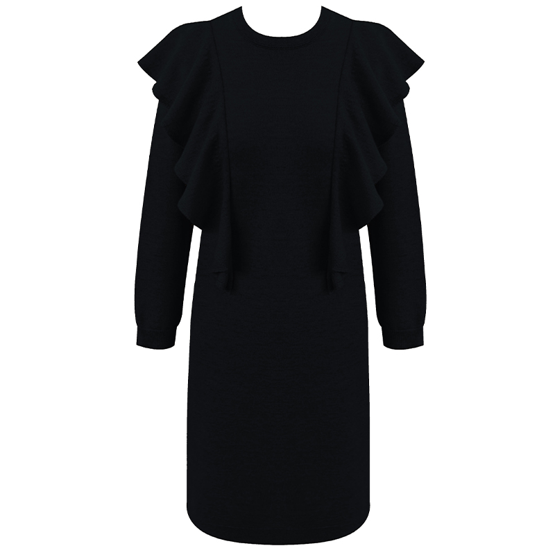 织希TESSITI黑色荷叶边长袖针织连衣裙