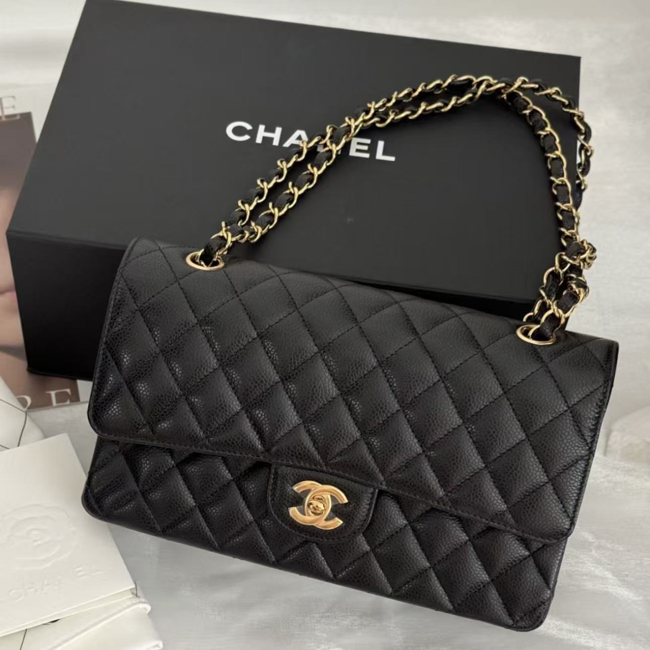 99新 Chanel/香奈儿 香奈儿 黑金荔枝纹cf中号 25110017-05