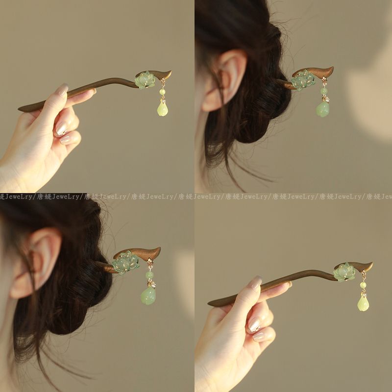 新中式仿玉流苏盘发木簪子女2025新款高级感旗袍古风发簪头饰发钗