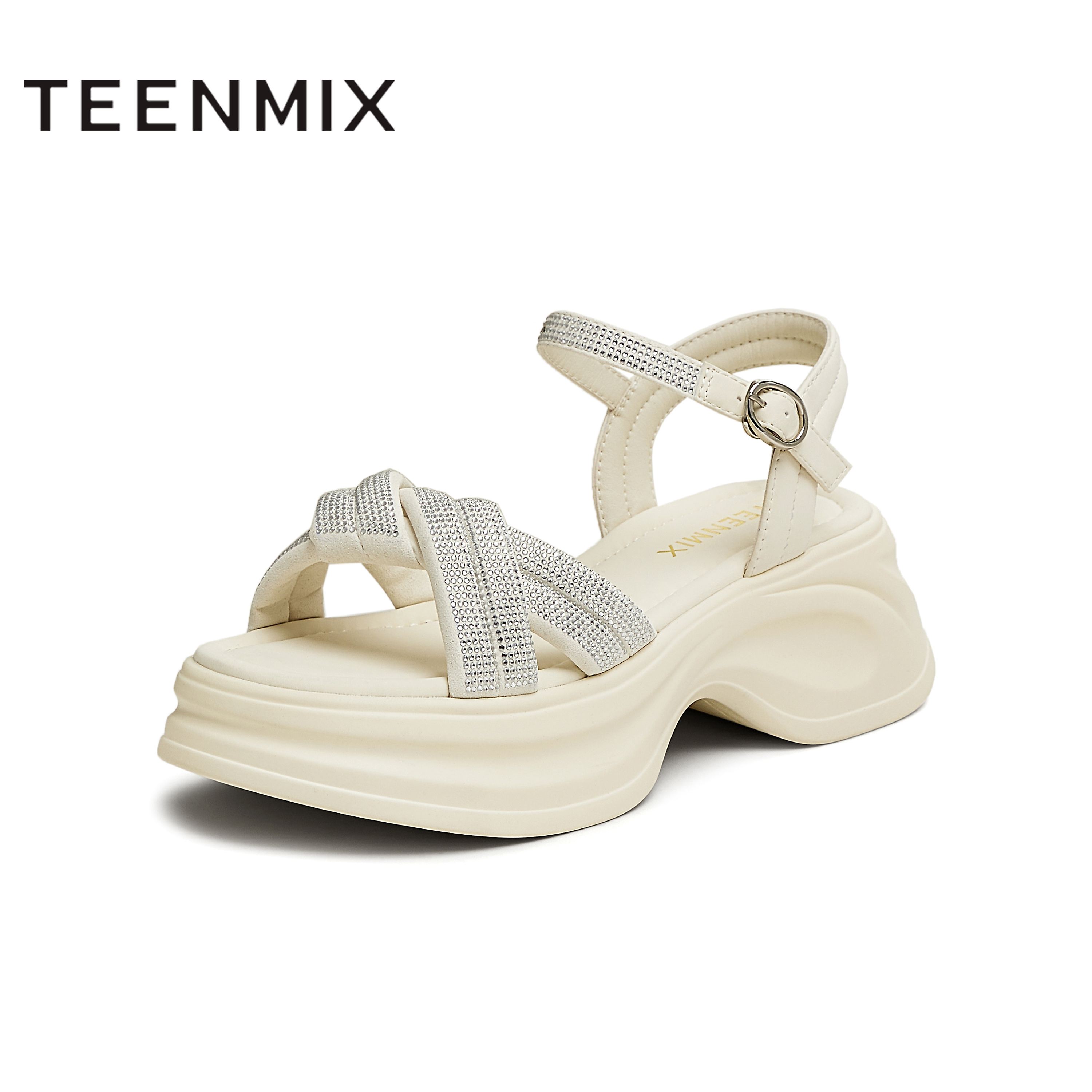 天美意2025夏新款商场同款时尚水钻厚底女一字带凉鞋BK941BL5