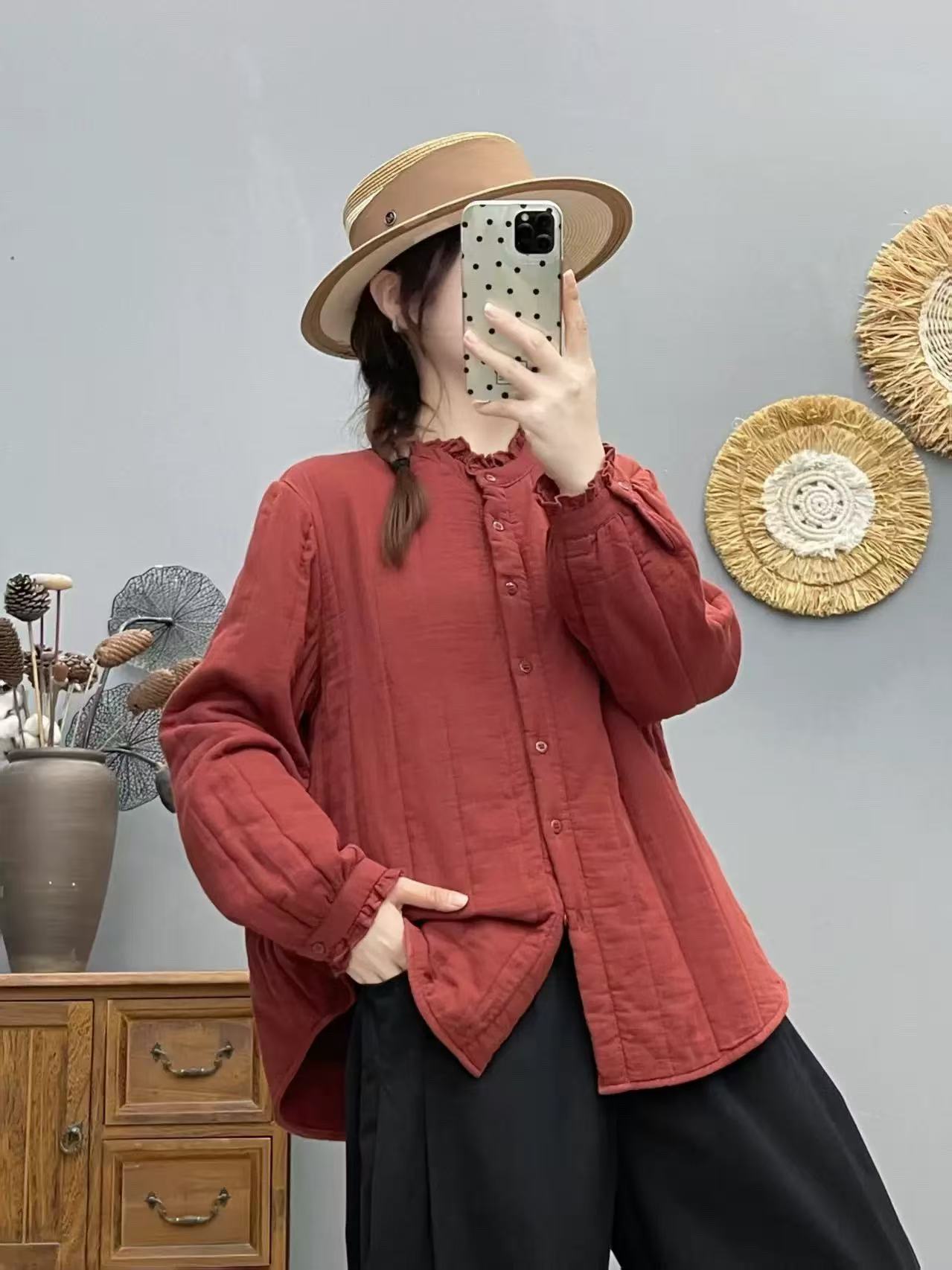 冬季女装外套双层纱百搭木耳领衬衫休闲加厚棉服绗棉棉衣3188