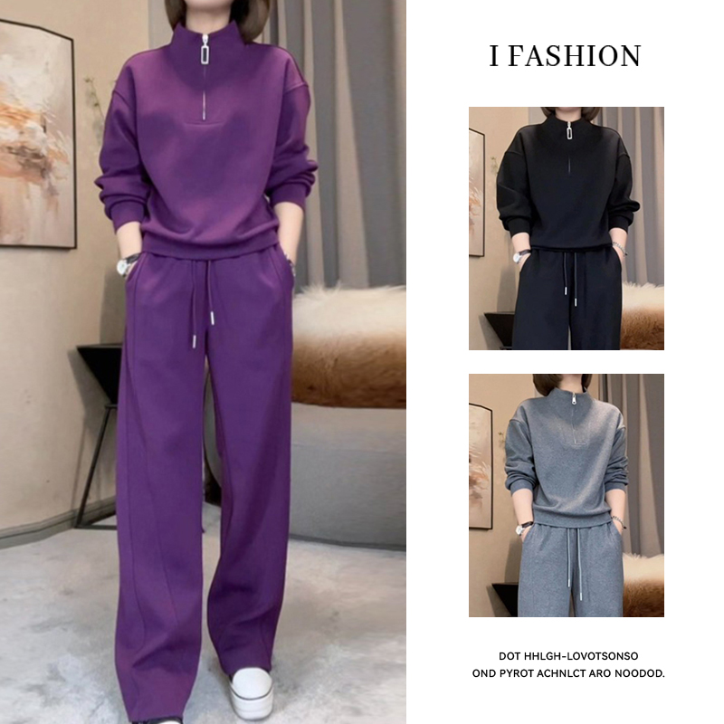 高含棉拼接时尚运动套装女2025年春秋新款立领上衣阔腿裤两件套