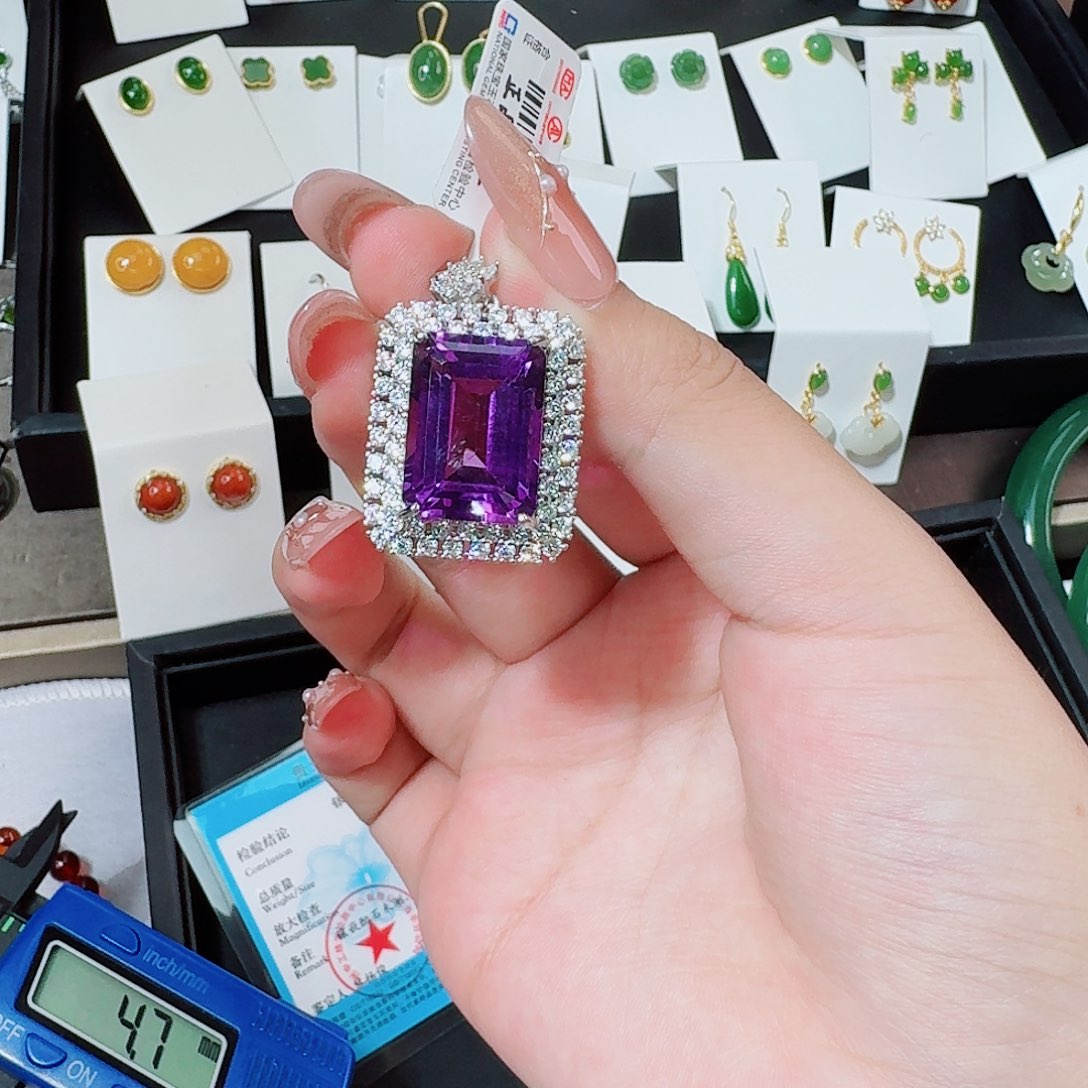 紫晶戒指银S925镶嵌方形吊坠