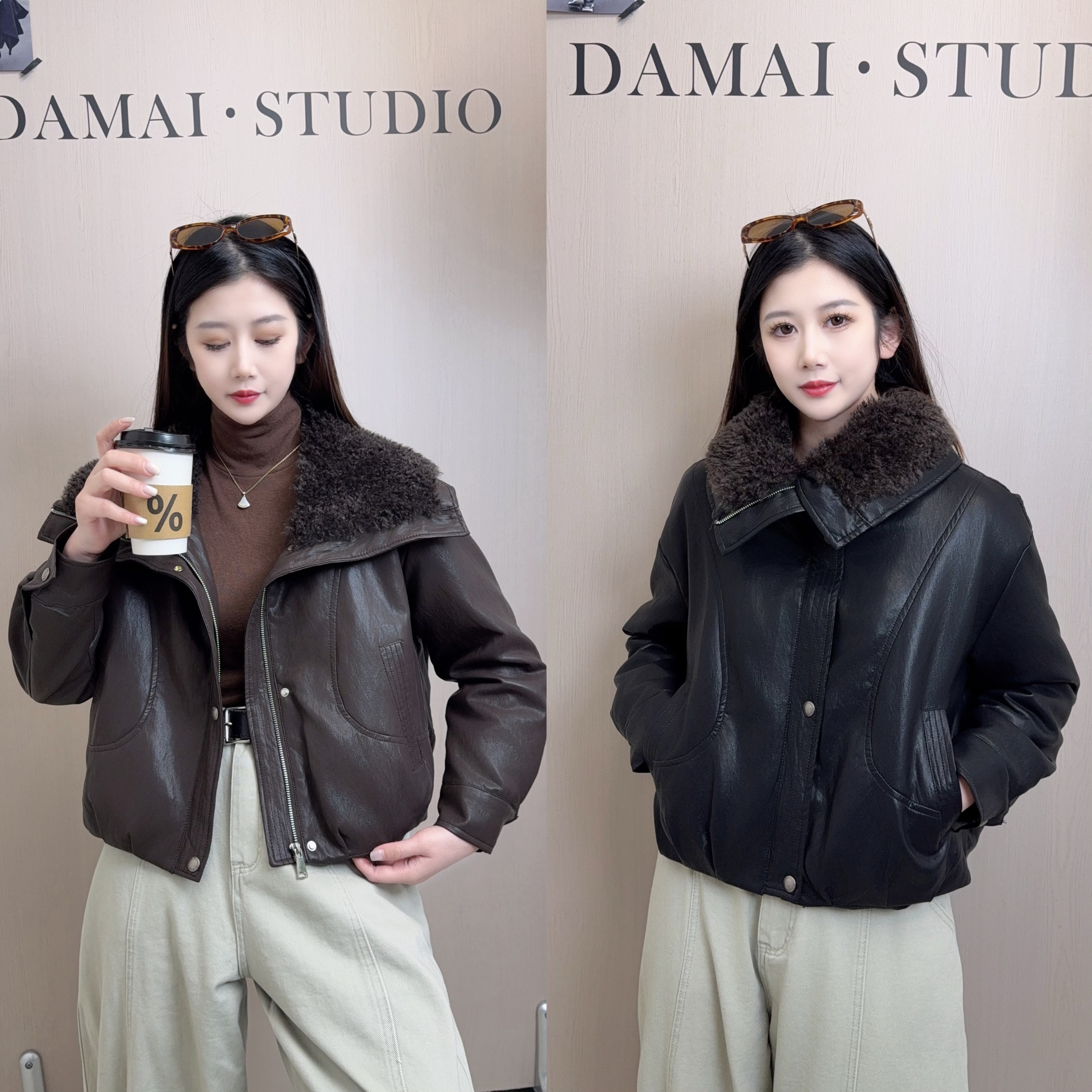 棕色大毛领皮衣冬季保暖拼接韩版时尚水洗女士