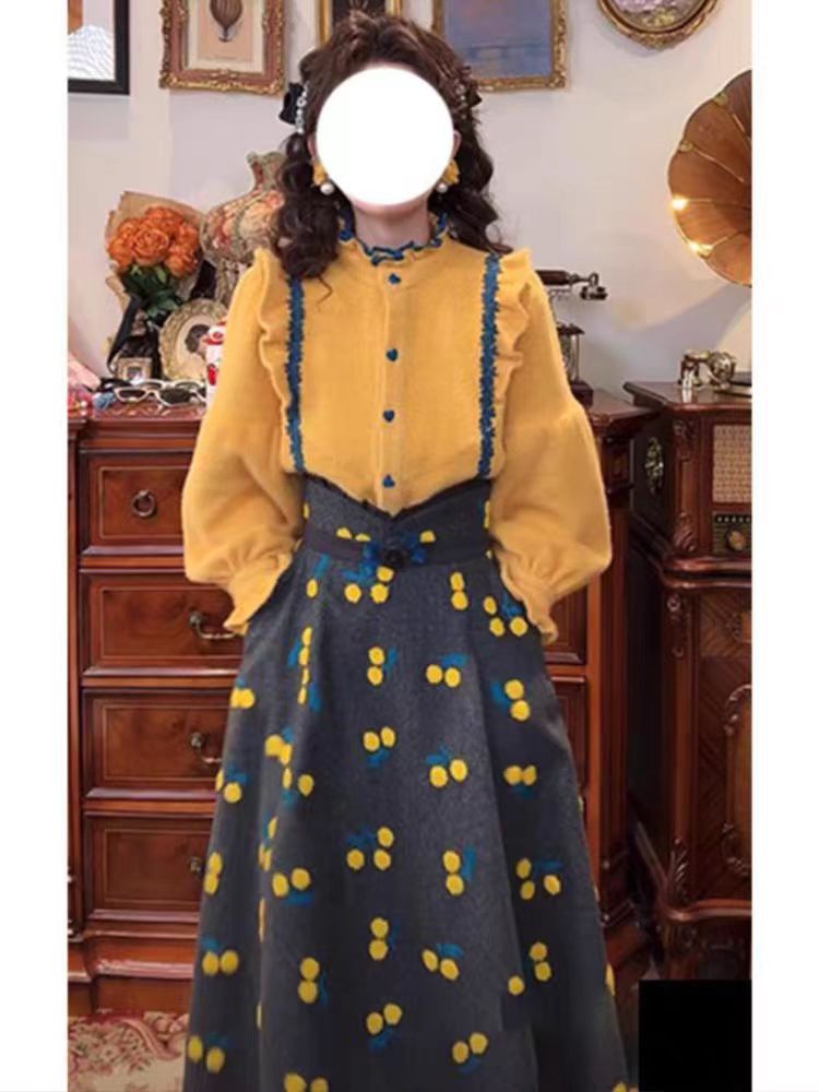 1-[运补6]673-1#名媛千金穿搭套装厚款衬衫高腰绣花半身裙两件套