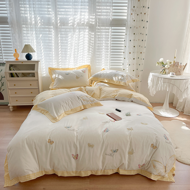 左柚家丨蝶恋  全棉水洗棉刺绣被套纯棉亲肤柔软床笠款四件套套件