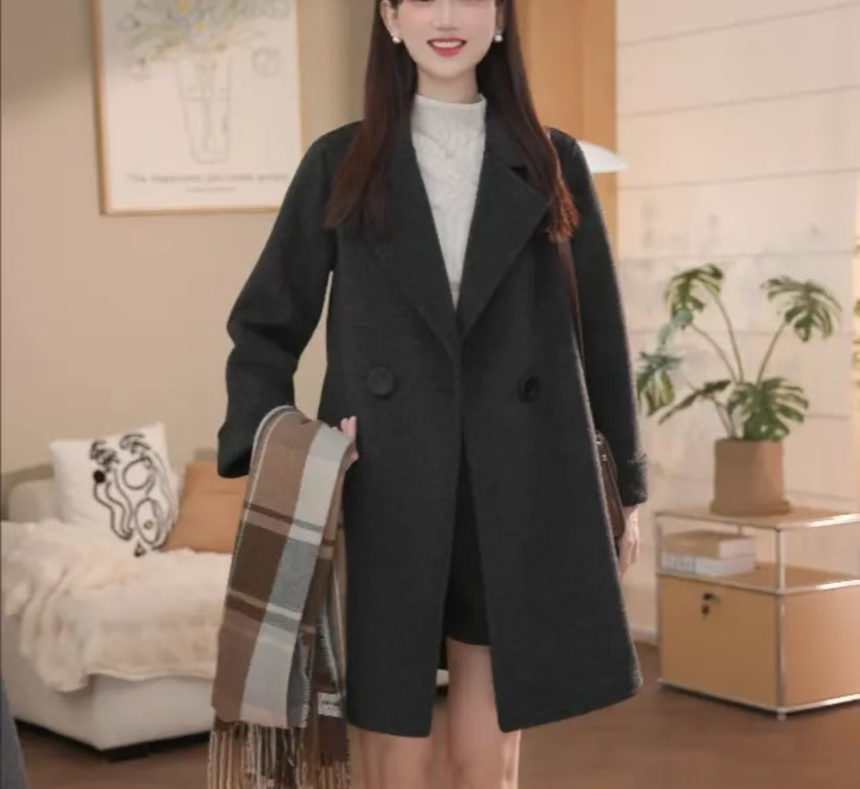 中长款加厚韩系简约风双面羊毛大衣呢子气质秋冬外套黑色