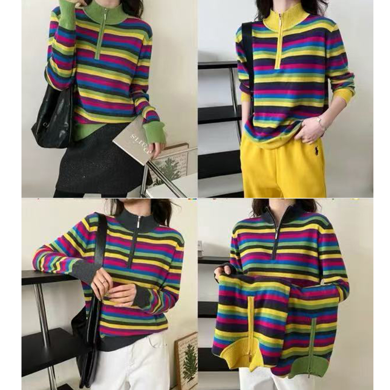 条纹针织百搭毛针织衫女秋薄款网红时尚衬衫袖高领