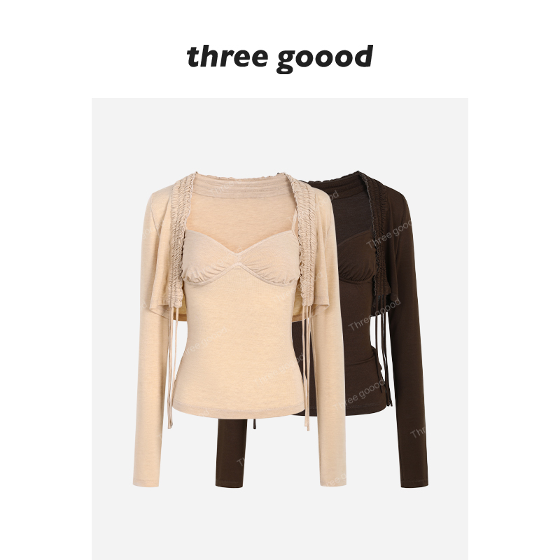 THREEGOOOD/三吉莱赛尔羊毛V领吊带抽褶绑带开衫两件套Y725A16139