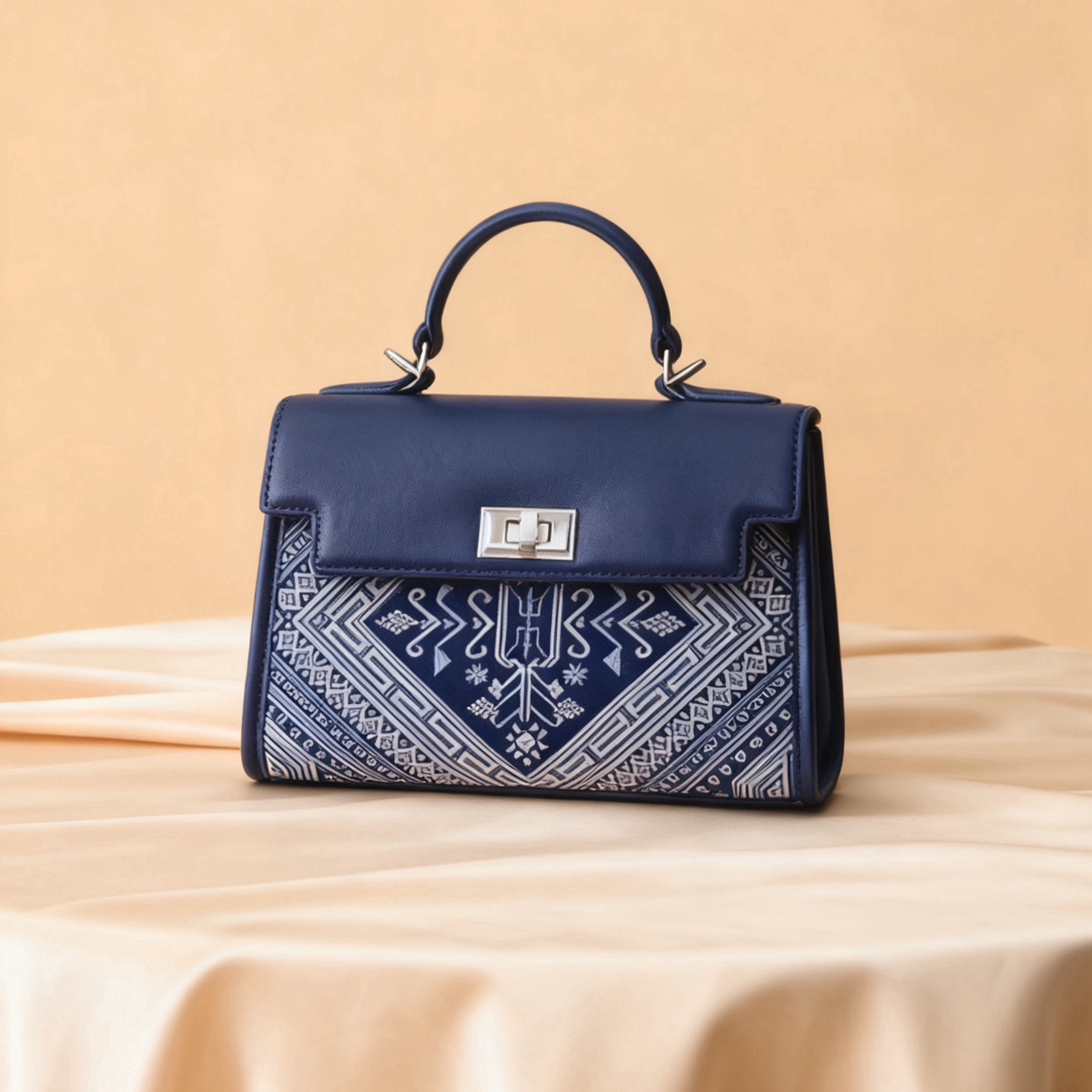 谭湘光｜壮锦桑蚕丝手提包复古国风单肩斜挎万寿花深蓝色时尚印花