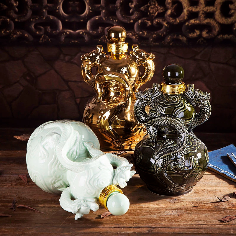 空】1斤装双龙雕刻景德镇陶瓷酒瓶复古风家用酒壶泡酒酒罐装饰摆件