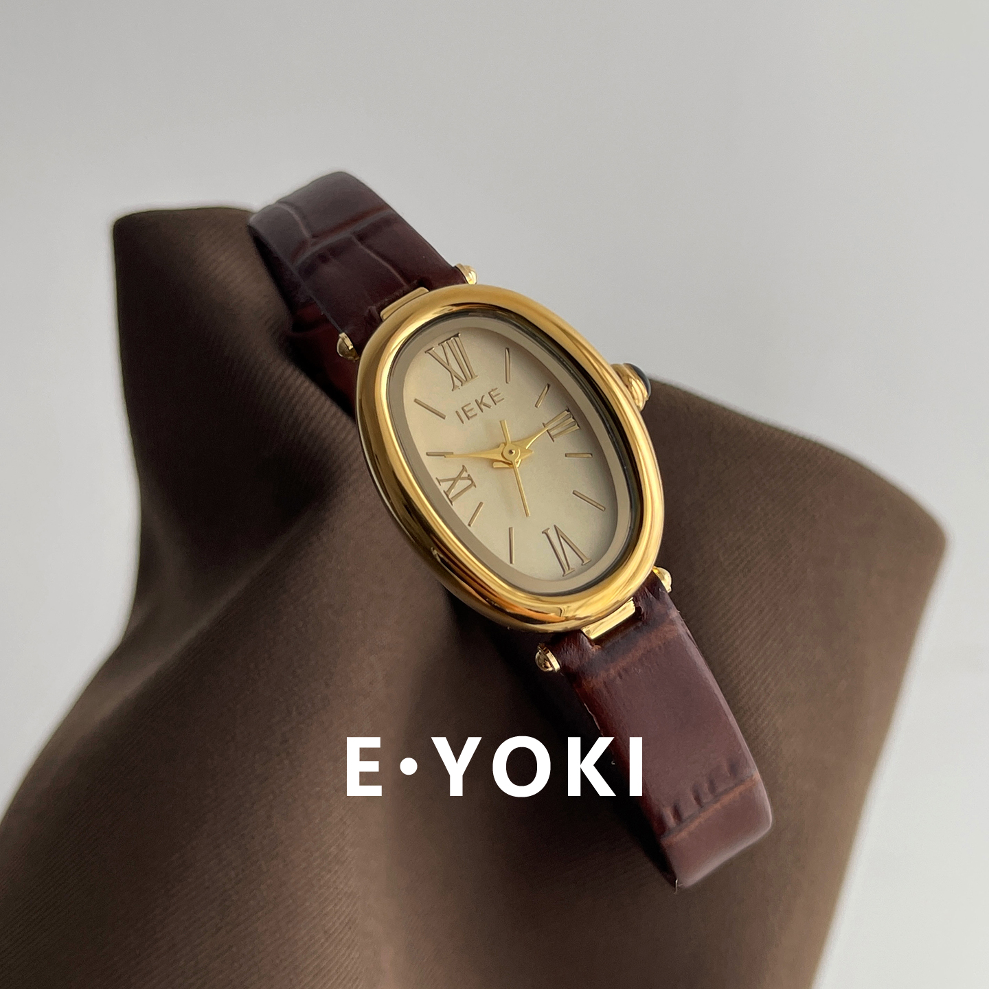 一柚七棕金小浴缸真皮复古女款小众手表女休闲百搭显白女士石英表