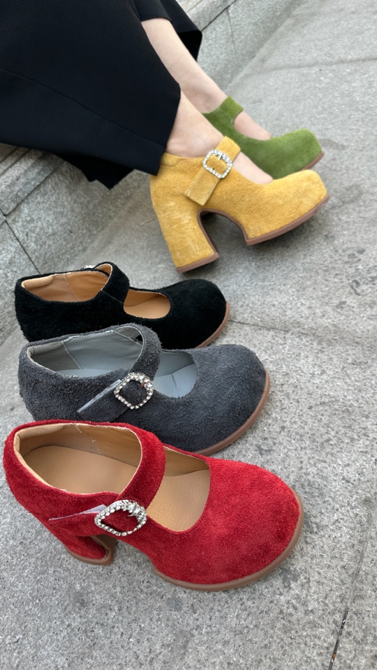 5203-01粗跟真皮高跟玛丽珍鞋防滑浅口韩版时尚水钻圆头鞋子单鞋