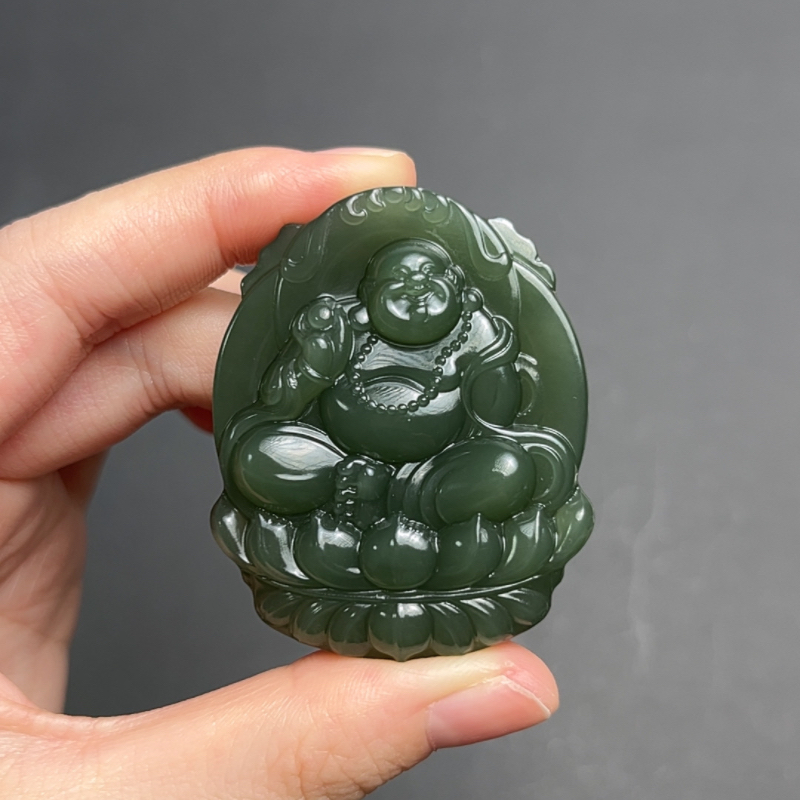 天然和田玉弥勒佛高冰湖水绿玉牌精美挂件高货