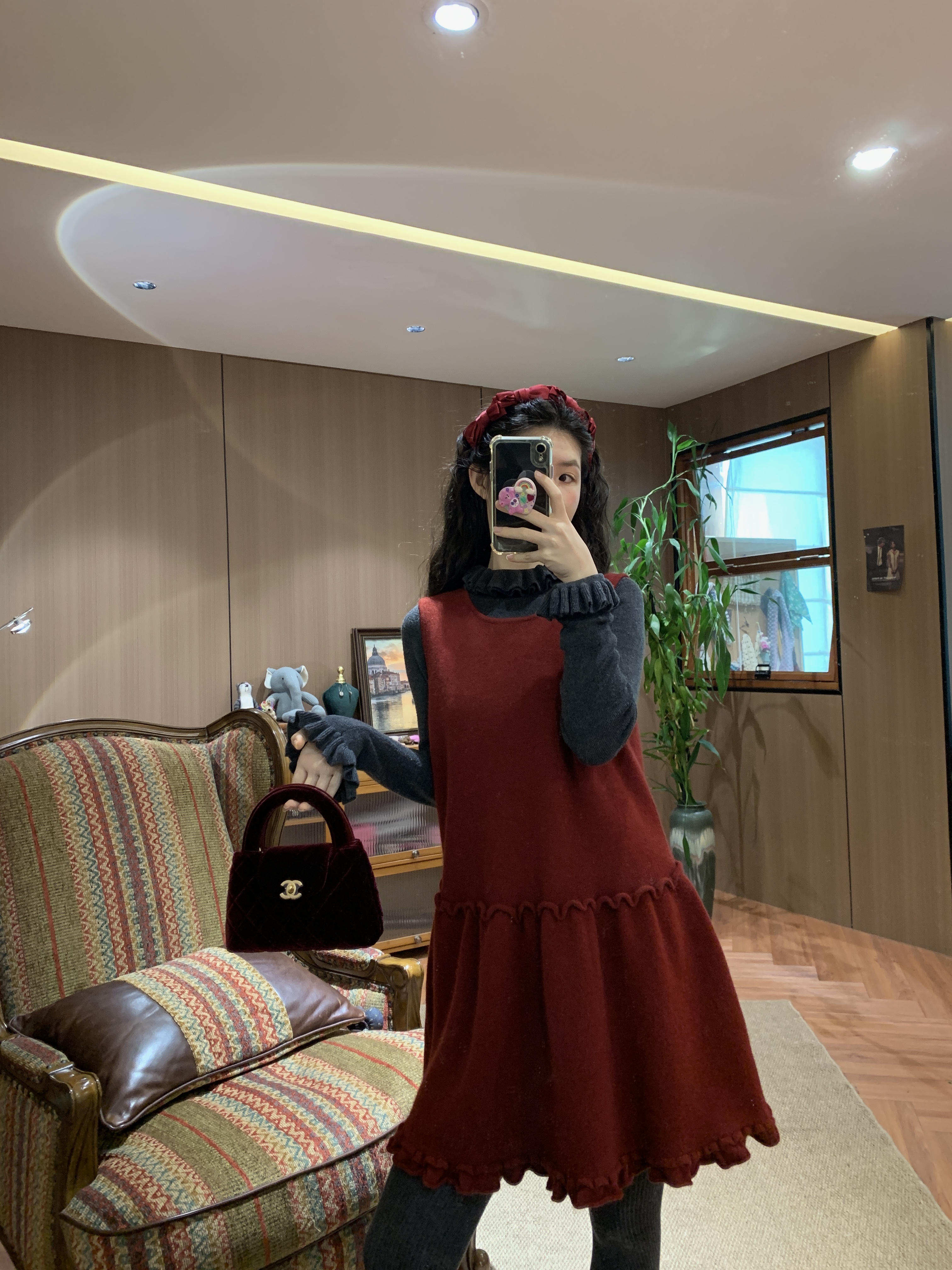 InaChou秋冬含羊毛气质甜美时尚A字背心连衣裙红色针织（不可机洗