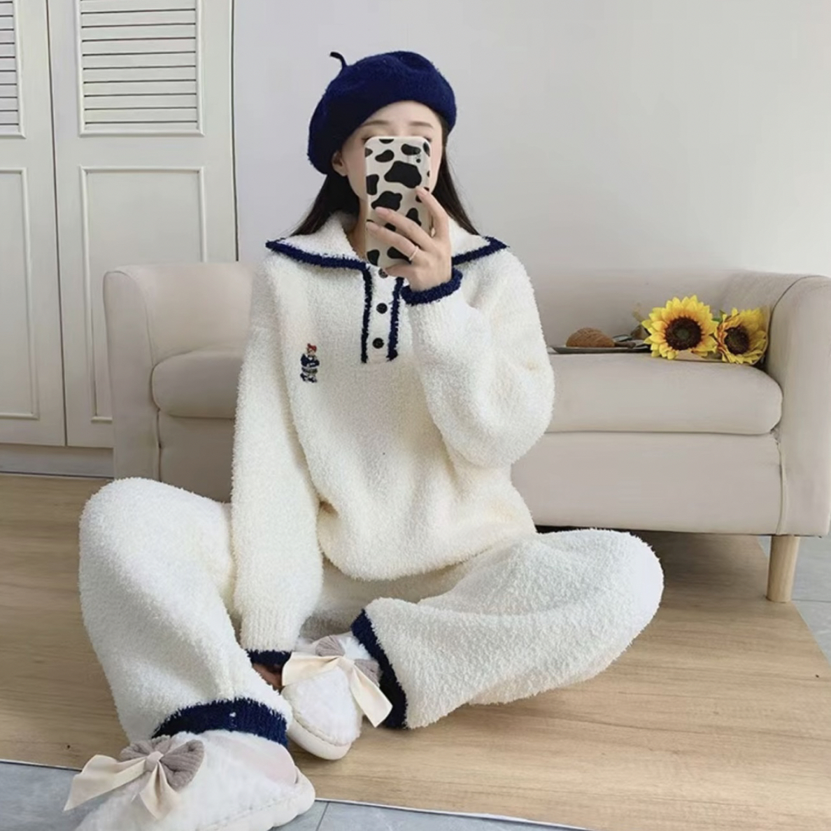 秋冬季可爱卡通小熊半边绒睡衣女加绒加厚保暖可外穿家居服套装