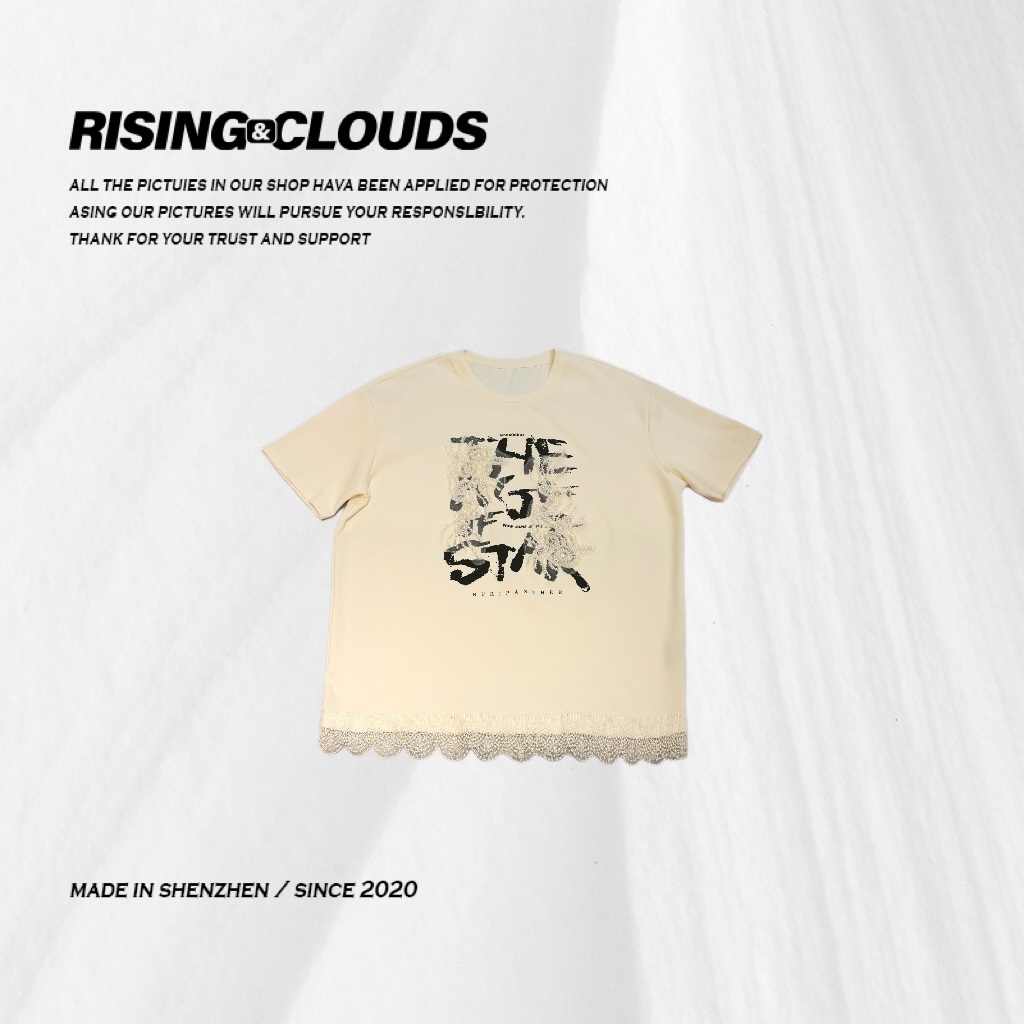 RISING&CLOUDS【莎莎】夏季显瘦舒适百搭珍珠蕾丝短袖T恤050148