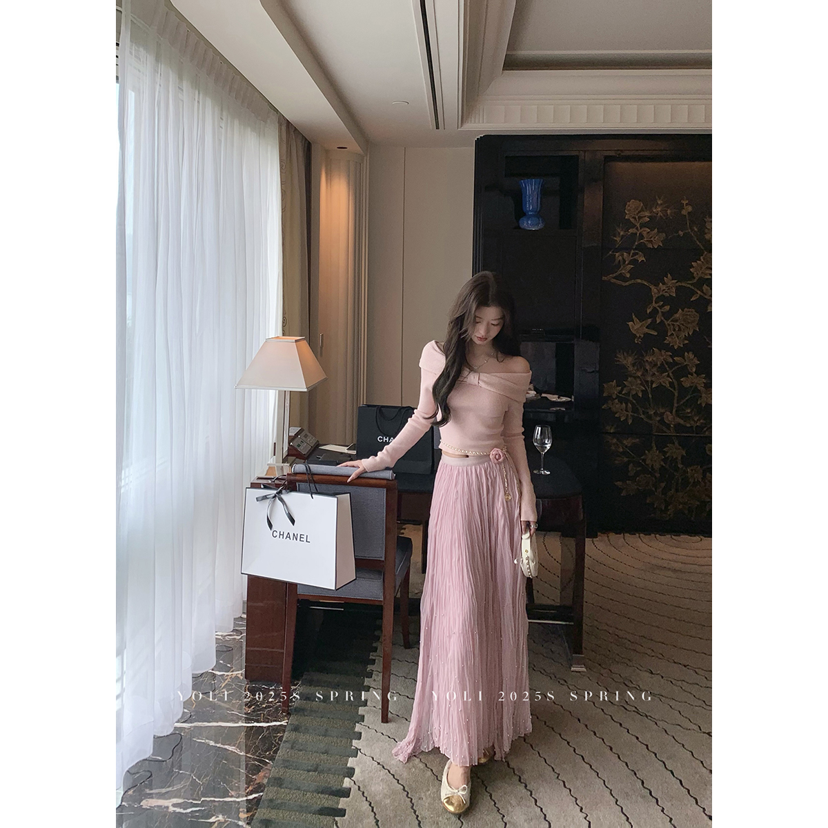 YOLI 张宥利 "幻彩梦澜" 粉色半身裙女冬季温柔修身百搭通勤长裙