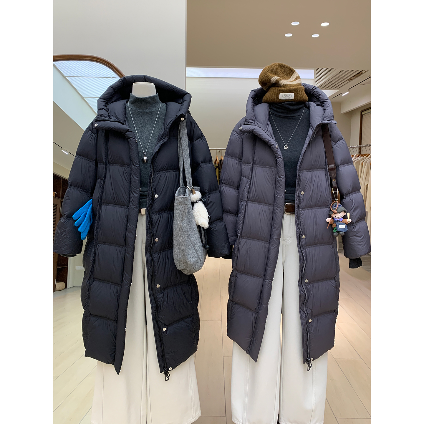 蓬松方块双线绗缝云朵泡芙95白鹅绒羽绒服轻软保暖中长款连帽外套