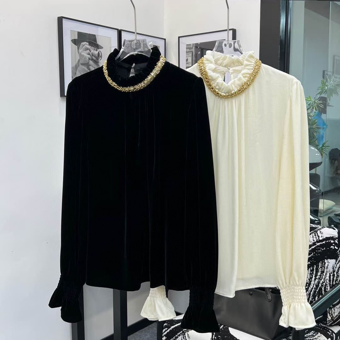 100%桑蚕丝真丝丝绒2025早春新款订珠衬衫