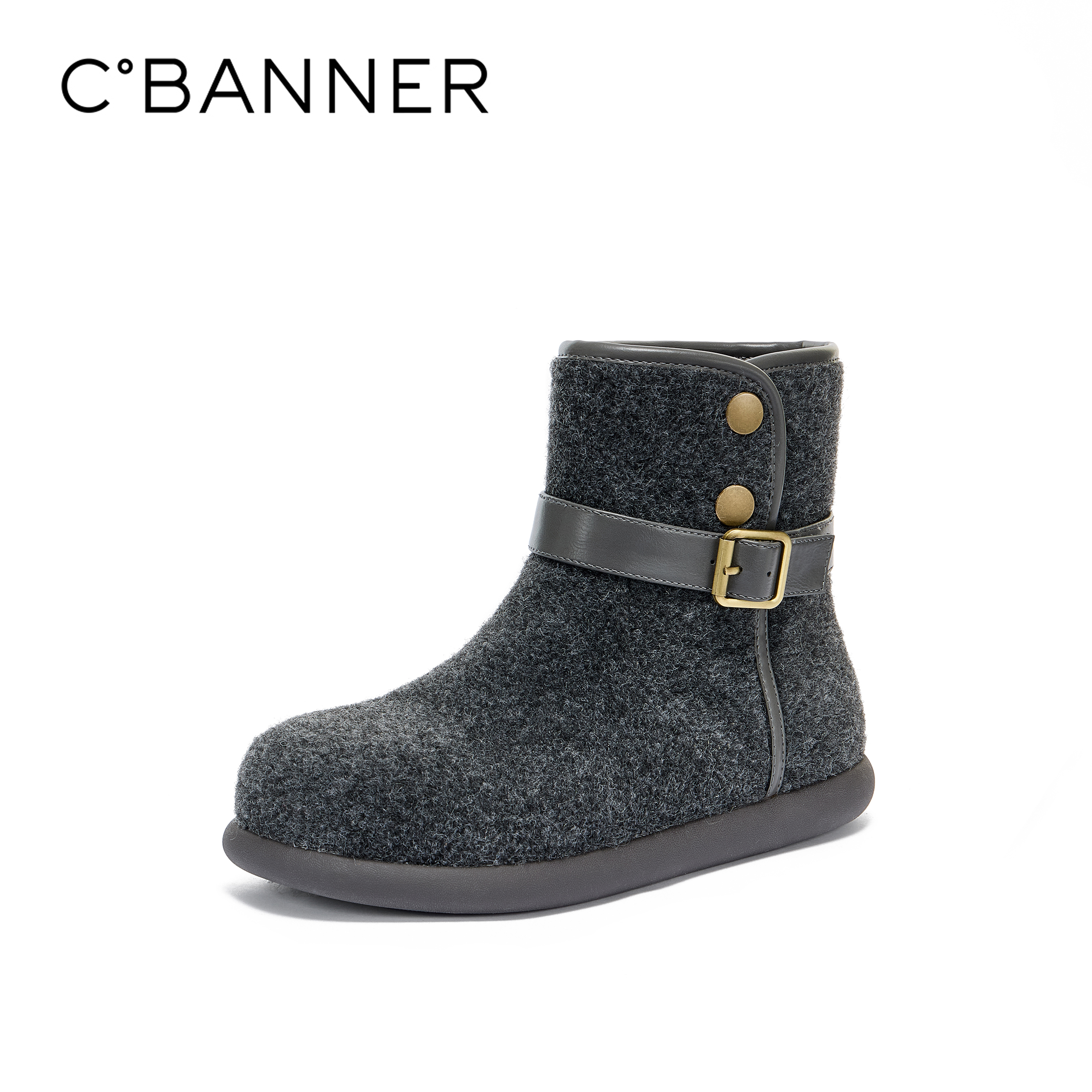 千百度毛呢加绒雪地靴女休闲鞋冬季新款保暖百搭短靴棉靴