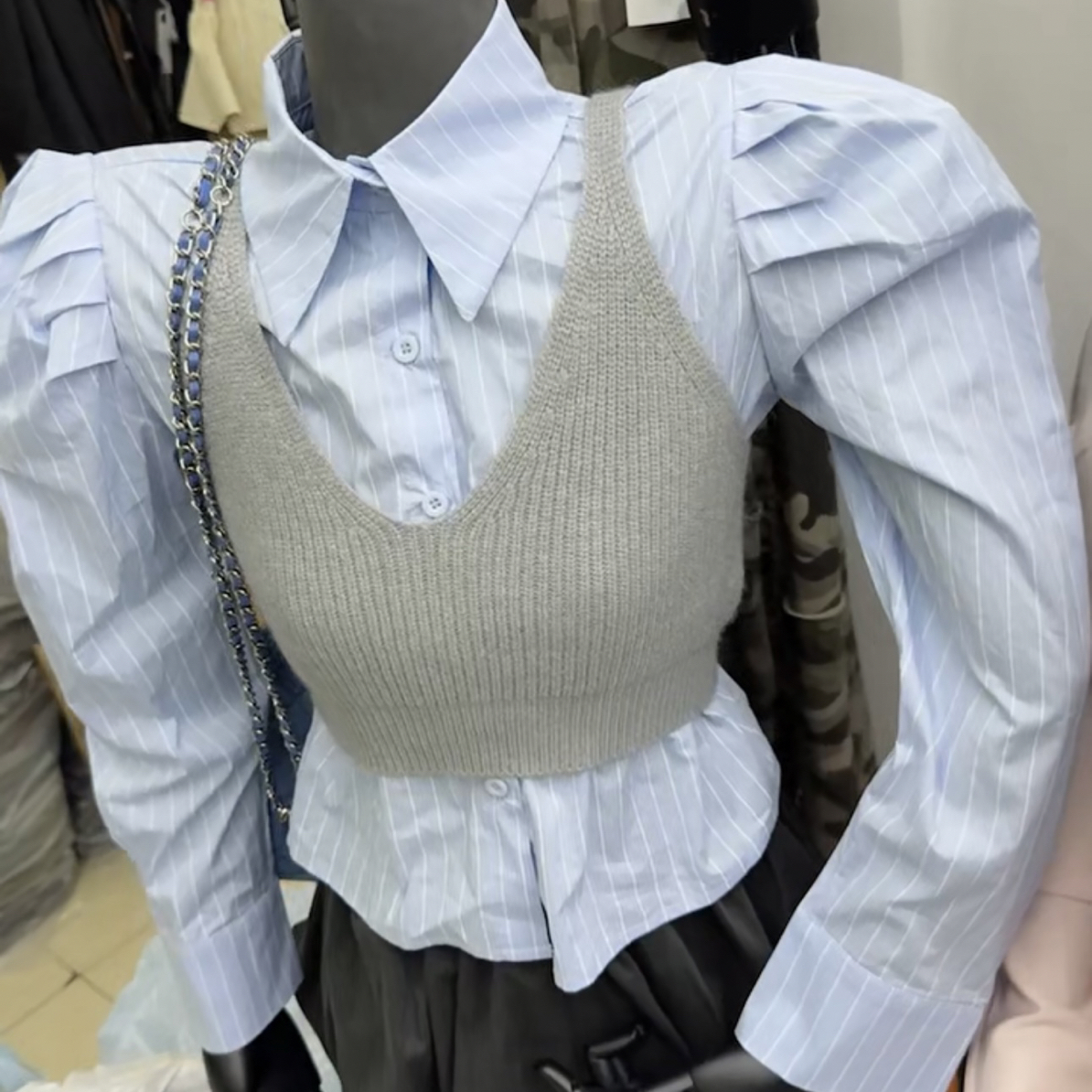 小玲 2025秋季新款polo领韩系泡泡袖衬衫➕针织背心两件套女