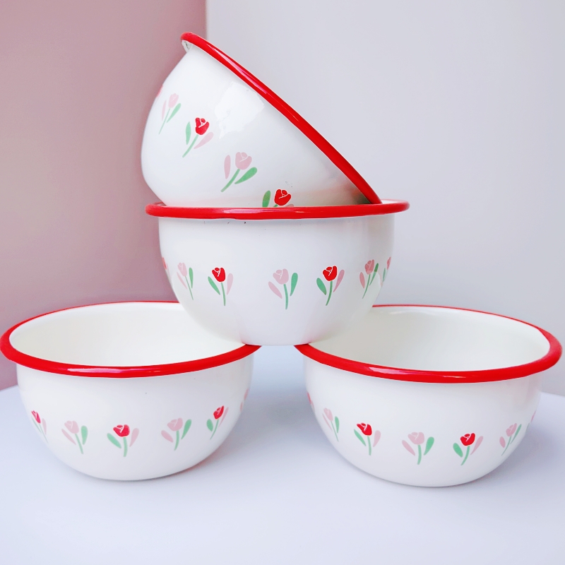 加厚搪瓷碗盘卡通家用老式米饭碗菜盘点心盘铁瓷餐盘摔不碎耐高温