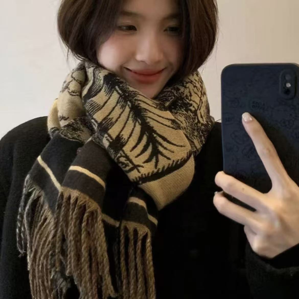 加厚战马格子双面仿羊绒围巾女冬季时尚流苏保暖围巾女网红百搭