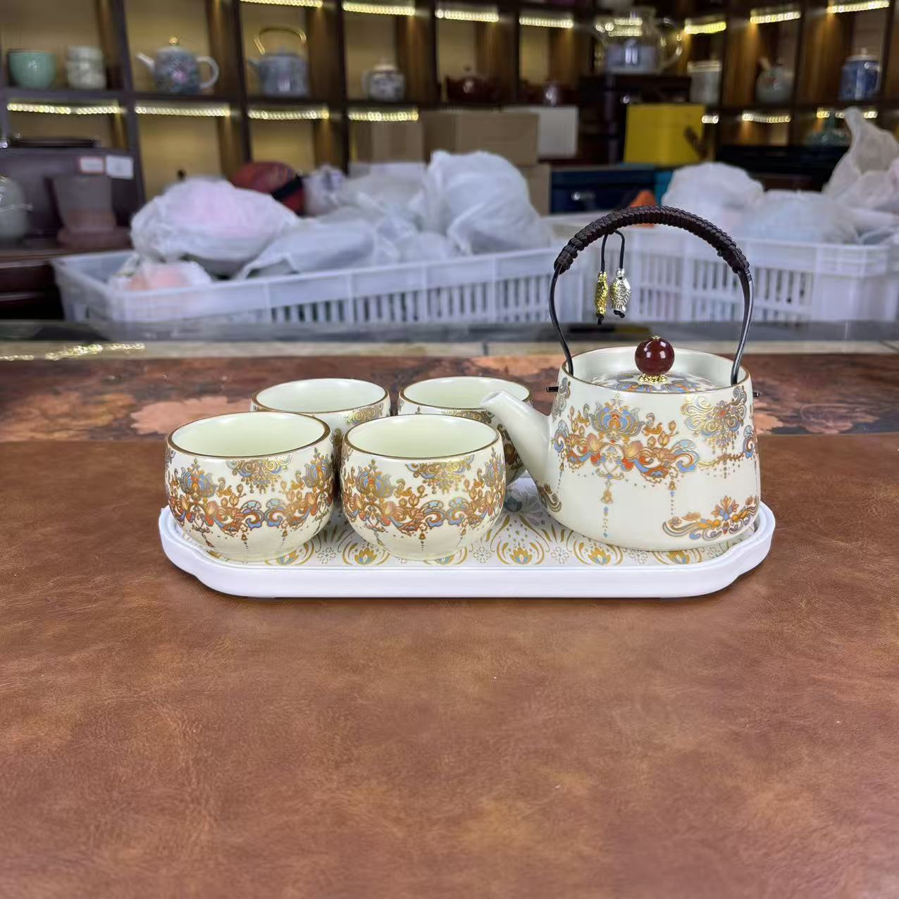 1867敦煌金银错提梁壶1壶4杯带盘，壶200ml，杯子65ml，家用泡茶壶