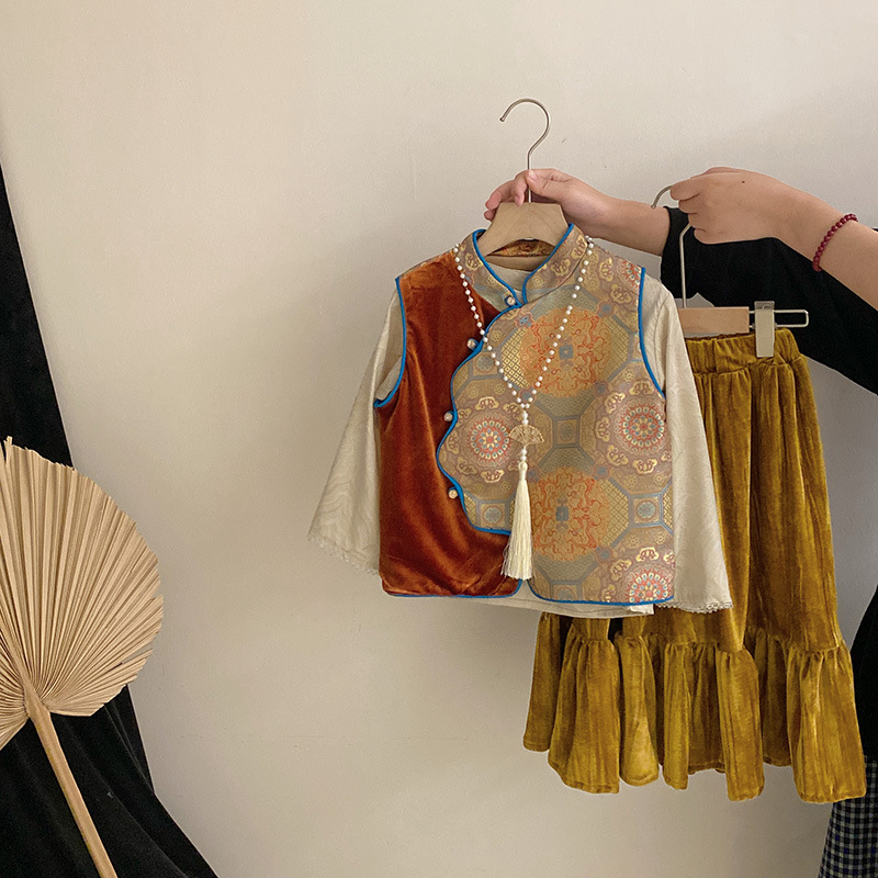 【安安家】女童新中式秋季新款提花立领叠穿百搭半身裙三件套R25552