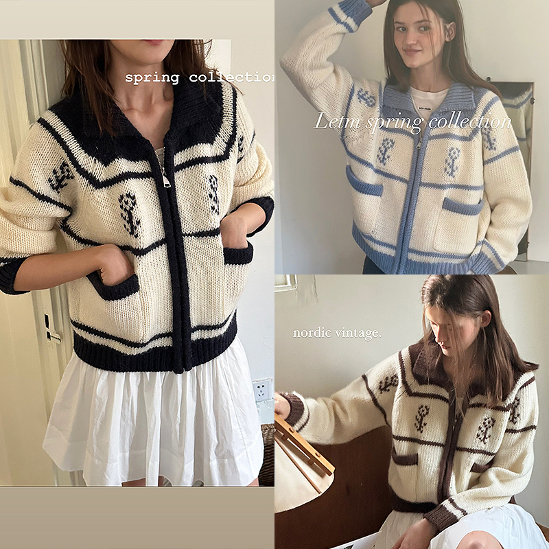 LETM25SS‘郁金香’春天花花系列翻领拉链羊毛提花针织开衫外套女