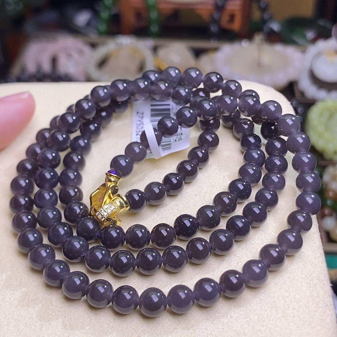 和田玉未镶嵌浓烟紫珠串约6MM